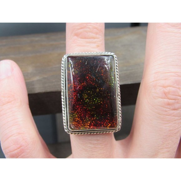 Size 4.5 Sterling Silver Large Handmade Glass Resin Band Ring Vintage Statement - Picture 4 of 9